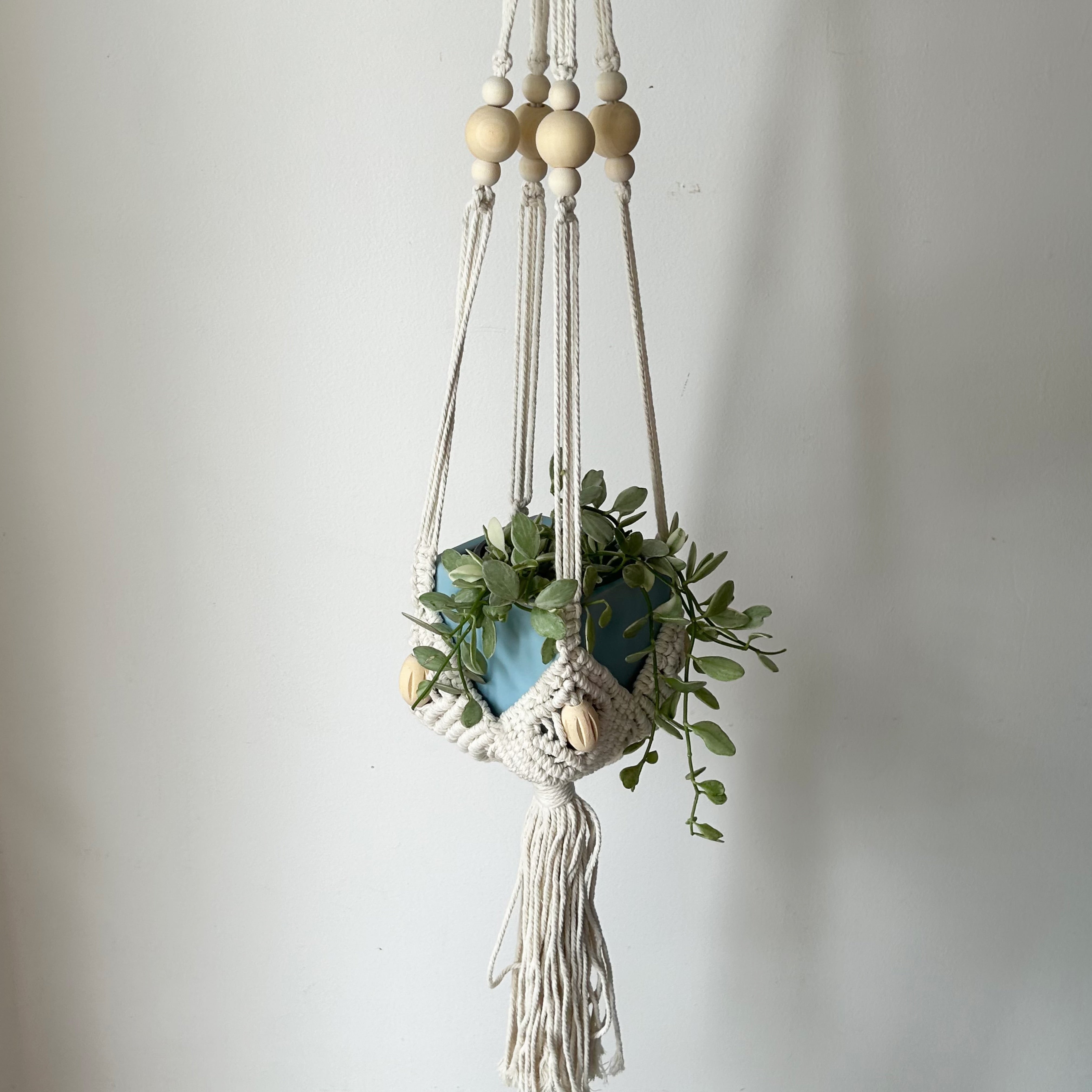 Macrame pouch + square pot Baby Blue
